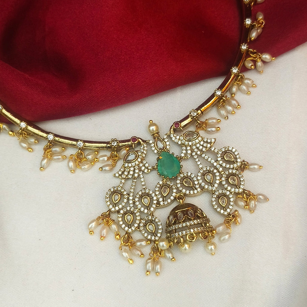 Hasli Victorian Royal Peacock Kemp Choker Set – Antique Gold Finish-NM-1035