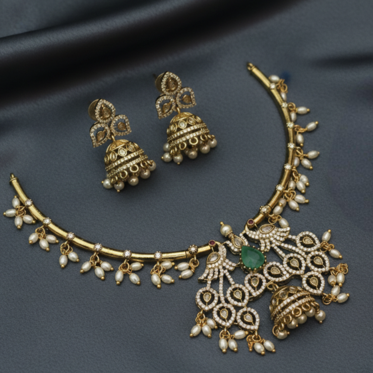 Hasli Victorian Royal Peacock Kemp Choker Set – Antique Gold Finish-NM-1035