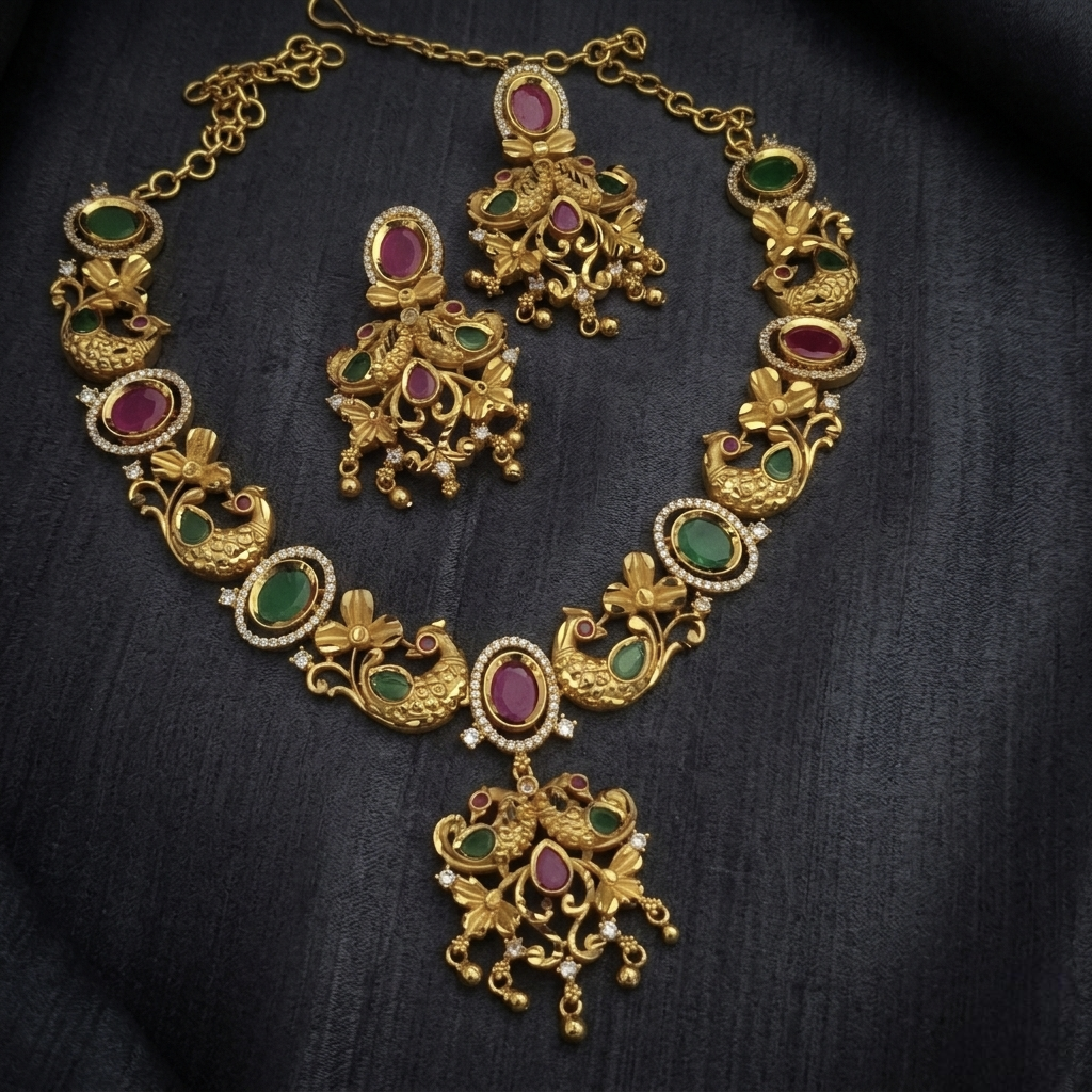 Exquisite Temple-Style Peacock Matte Gold Necklace Set NF-1042