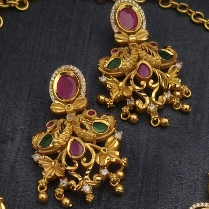 Exquisite Temple-Style Peacock Matte Gold Necklace Set NF-1042