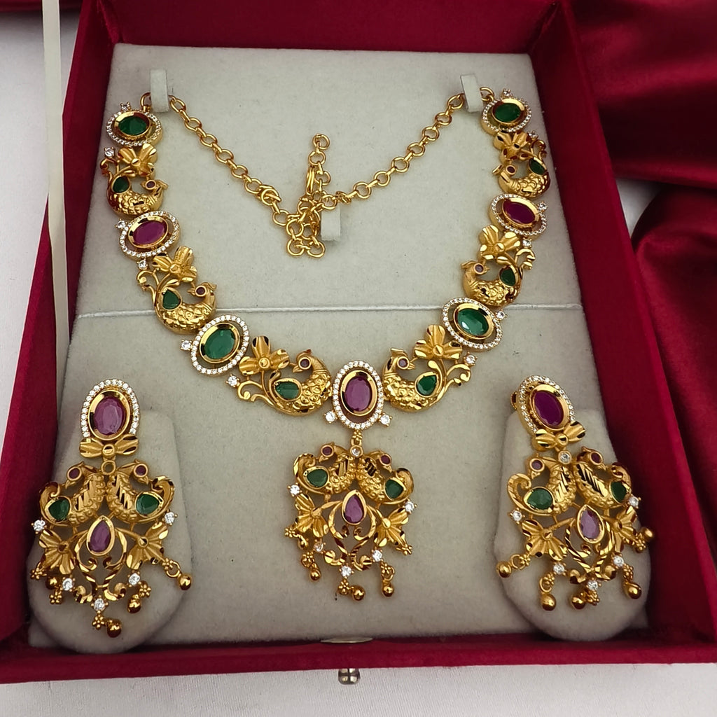 Exquisite Temple-Style Peacock Matte Gold Necklace Set NF-1042