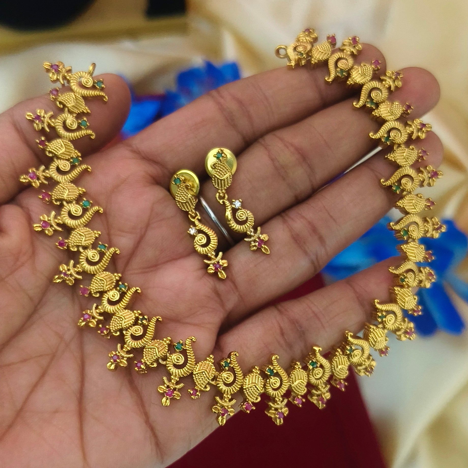Traditional Matte Gold Plated Peacock Manga Malai Necklace Set NM-1057