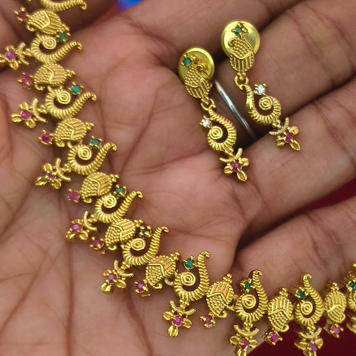 Traditional Matte Gold Plated Peacock Manga Malai Necklace Set NM-1057