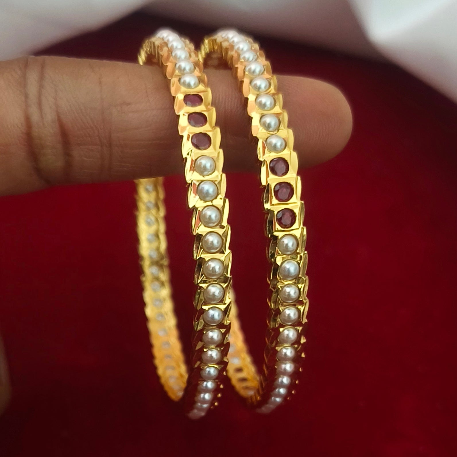Divine Five-Metal Radiance Ruby & Pearl Impon Bangles B-61009