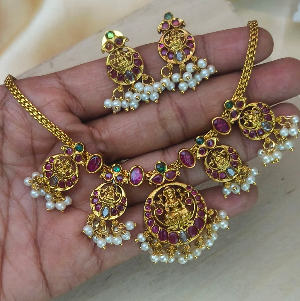 Goddess Lakshmi Antique Matt Finish Temple Neckset N-41009