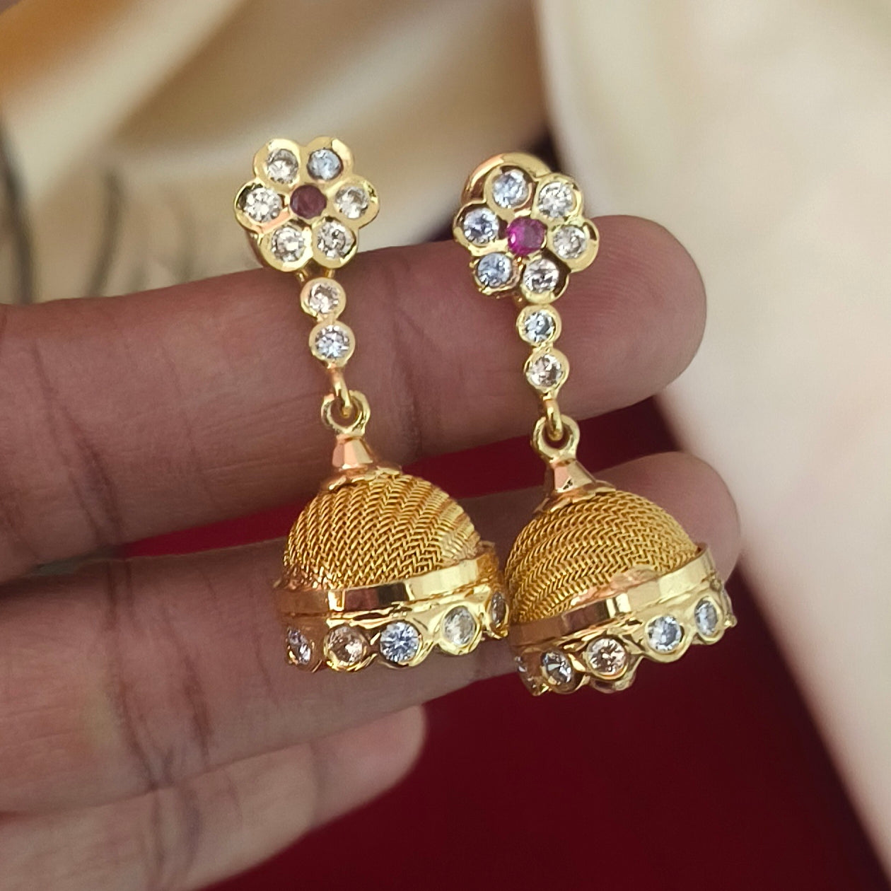 Floral Impon Jhumka Earrings with Ruby & White Stones E-31016
