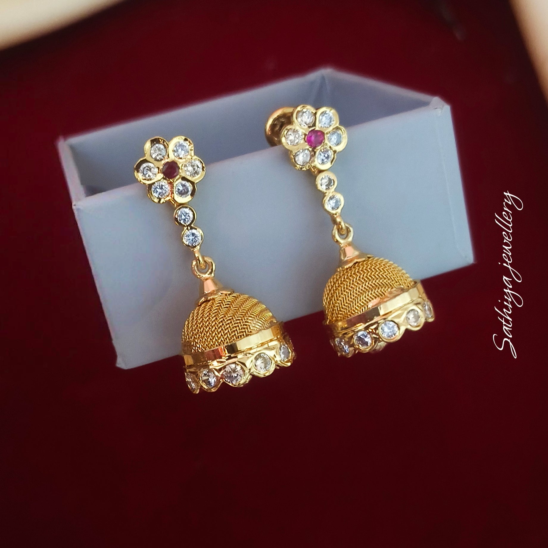 Floral Impon Jhumka Earrings with Ruby & White Stones E-31016