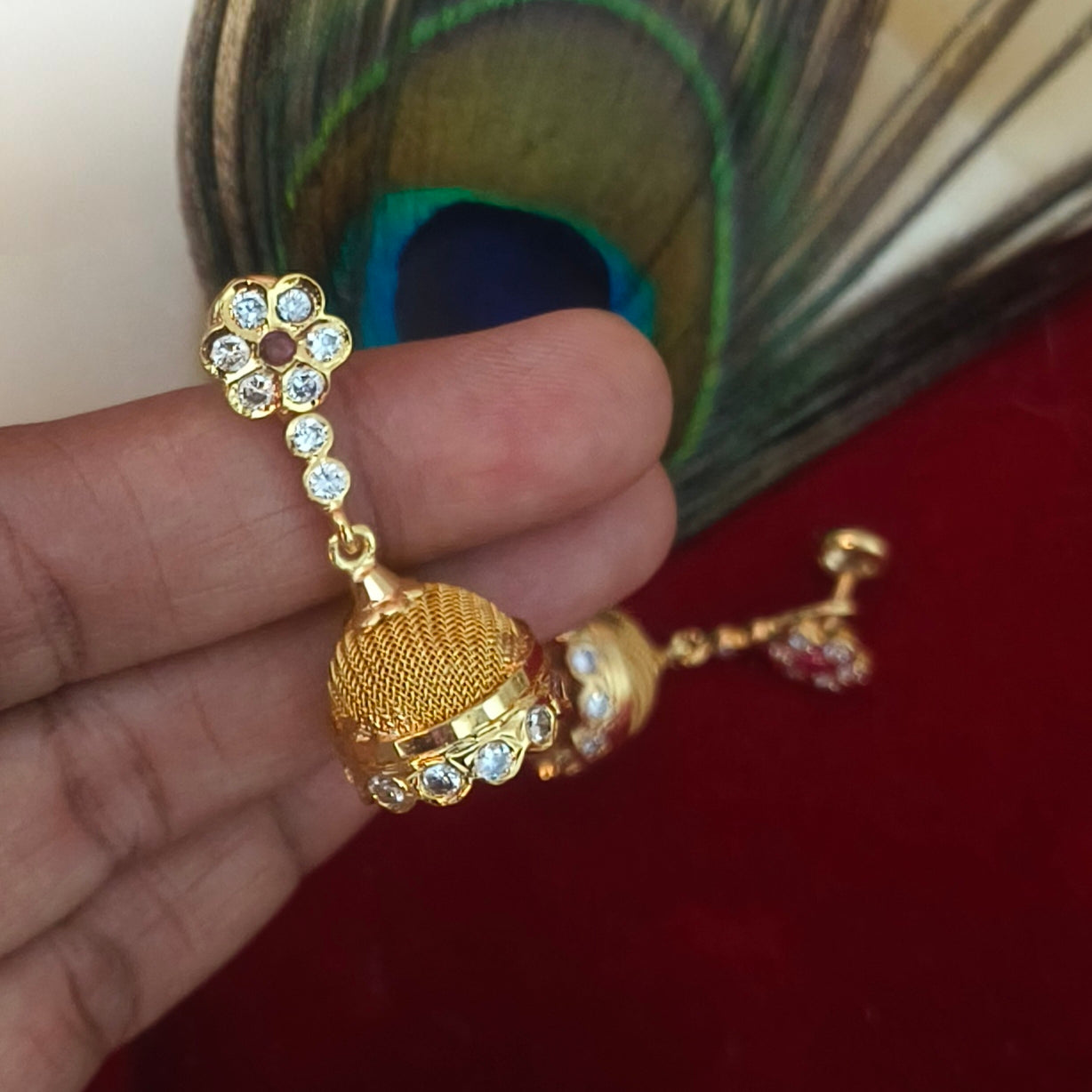 Floral Impon Jhumka Earrings with Ruby & White Stones E-31016