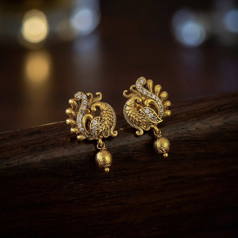 Antique Matte Gold Peacock Studs with Shimmering Accents E- 31020