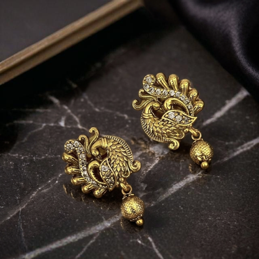 Antique Matte Gold Peacock Studs with Shimmering Accents E- 31020