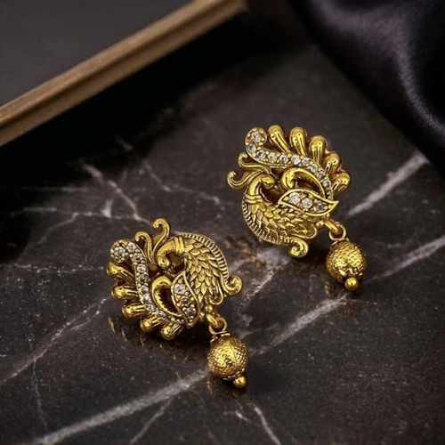 Antique Matte Gold Peacock Studs with Shimmering Accents E- 31020