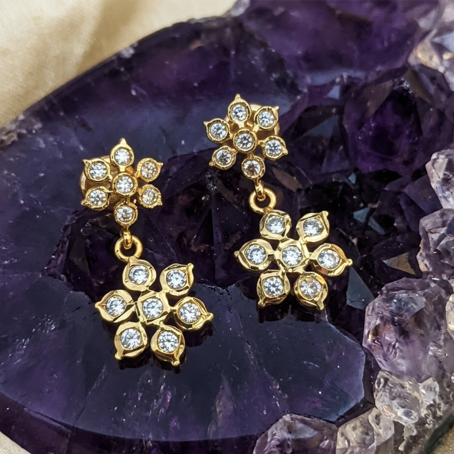 Traditional Five-Metal (Panchaloha) Floral Ear Studs with Drops E-31024