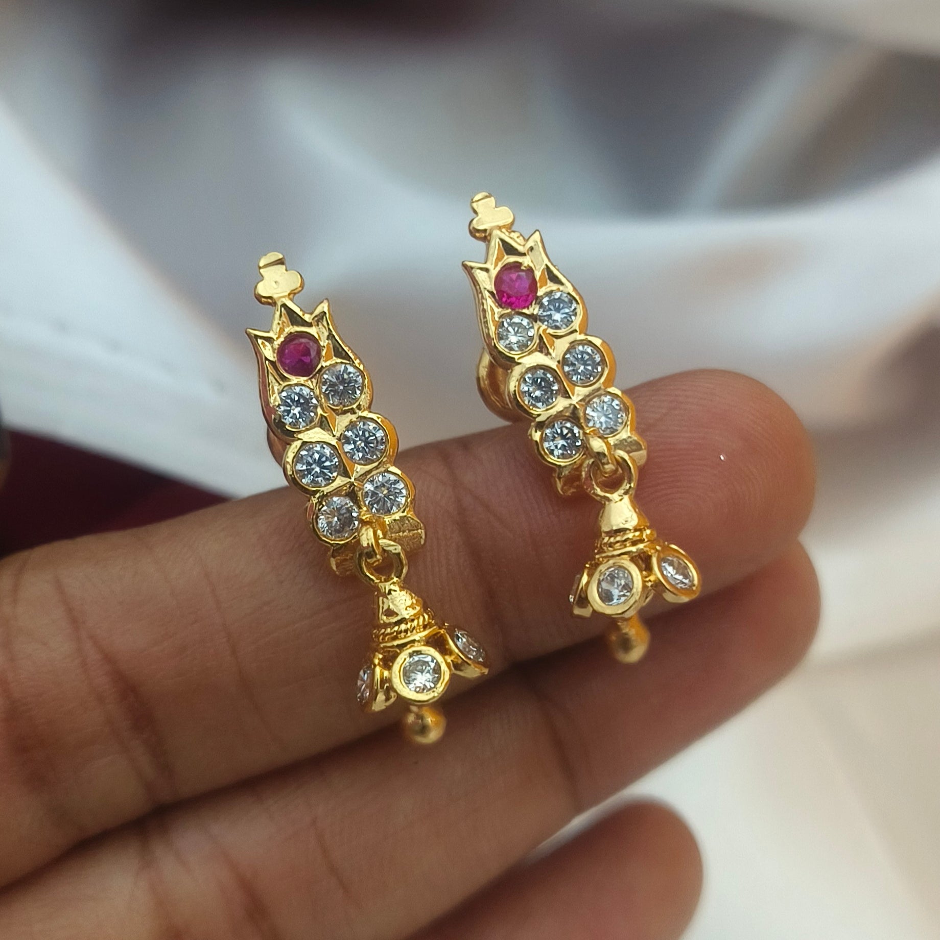 Traditional Impon (Panchaloha) Ruby & White Stone Earrings E- 31026