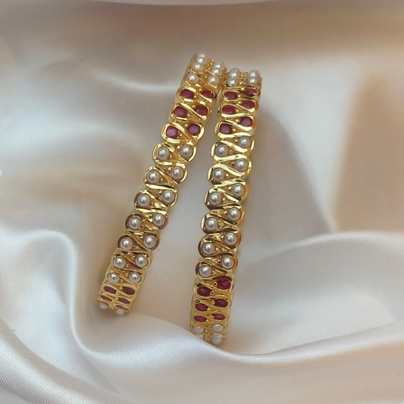 Elegant Gold-Plated Ruby and Pearl Bangle Set