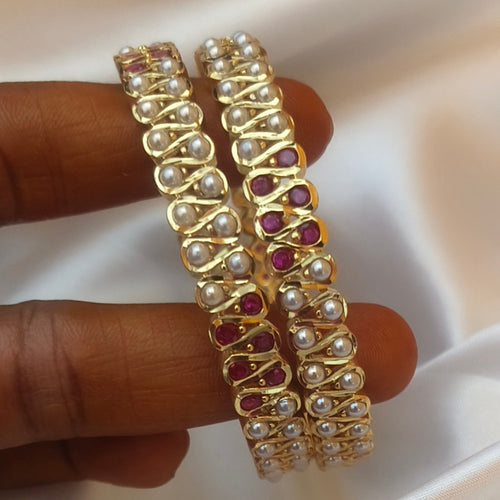 Elegant Gold-Plated Ruby and Pearl Bangle Set