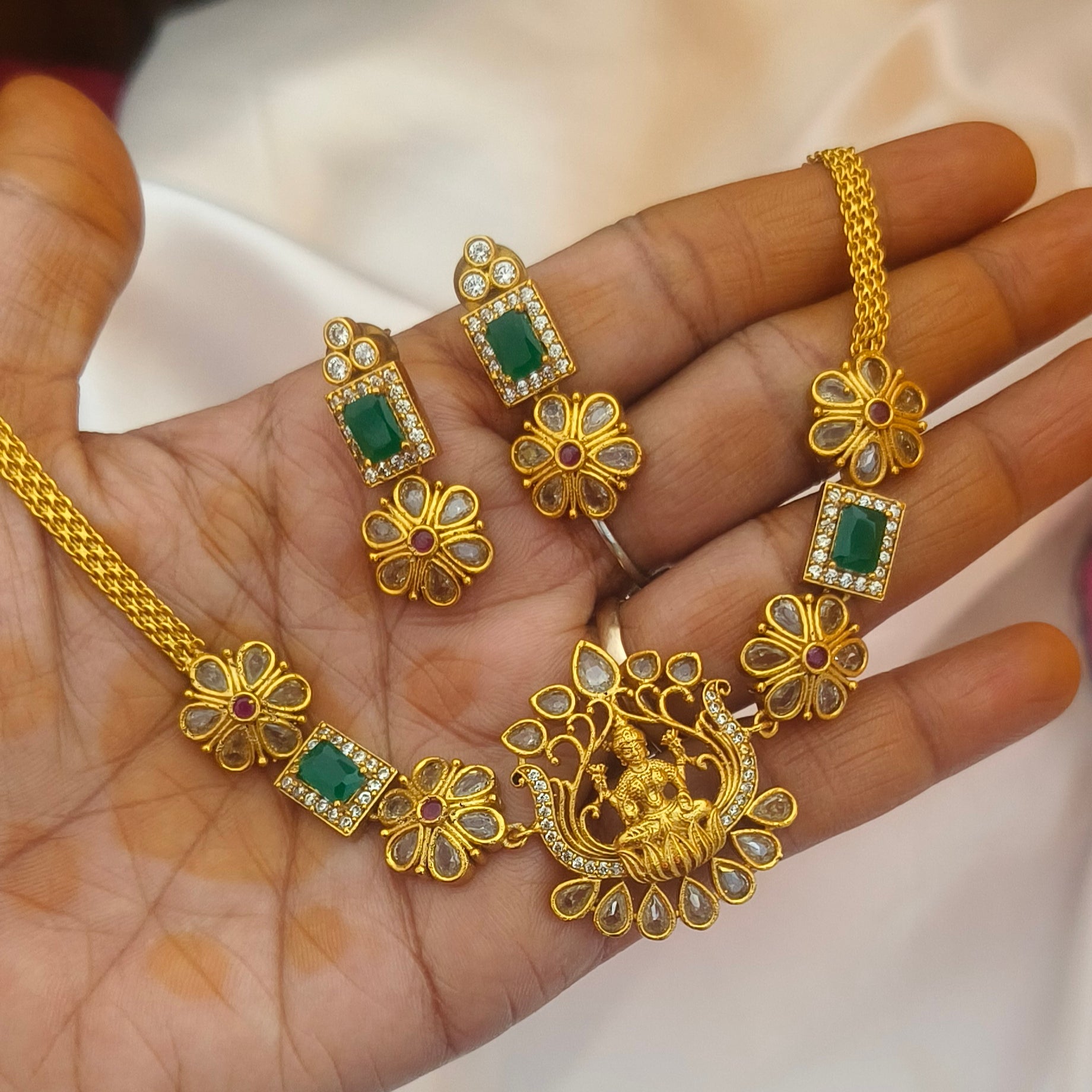 Premium Matt Gold Goddess Lakshmi Necklace Set N- 41028