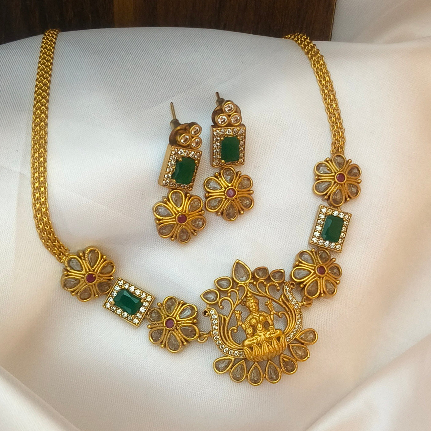 Premium Matt Gold Goddess Lakshmi Necklace Set N- 41028