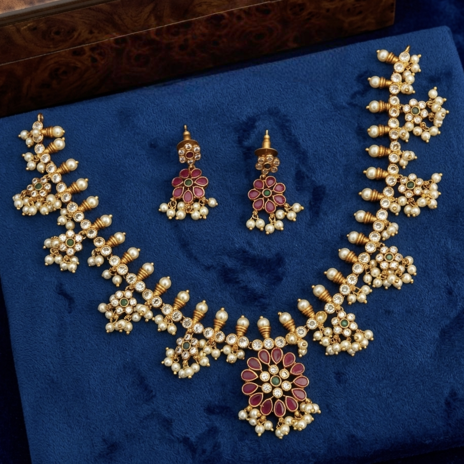 Premium matt finish Pearl & Ruby Floral Necklace N- 41030