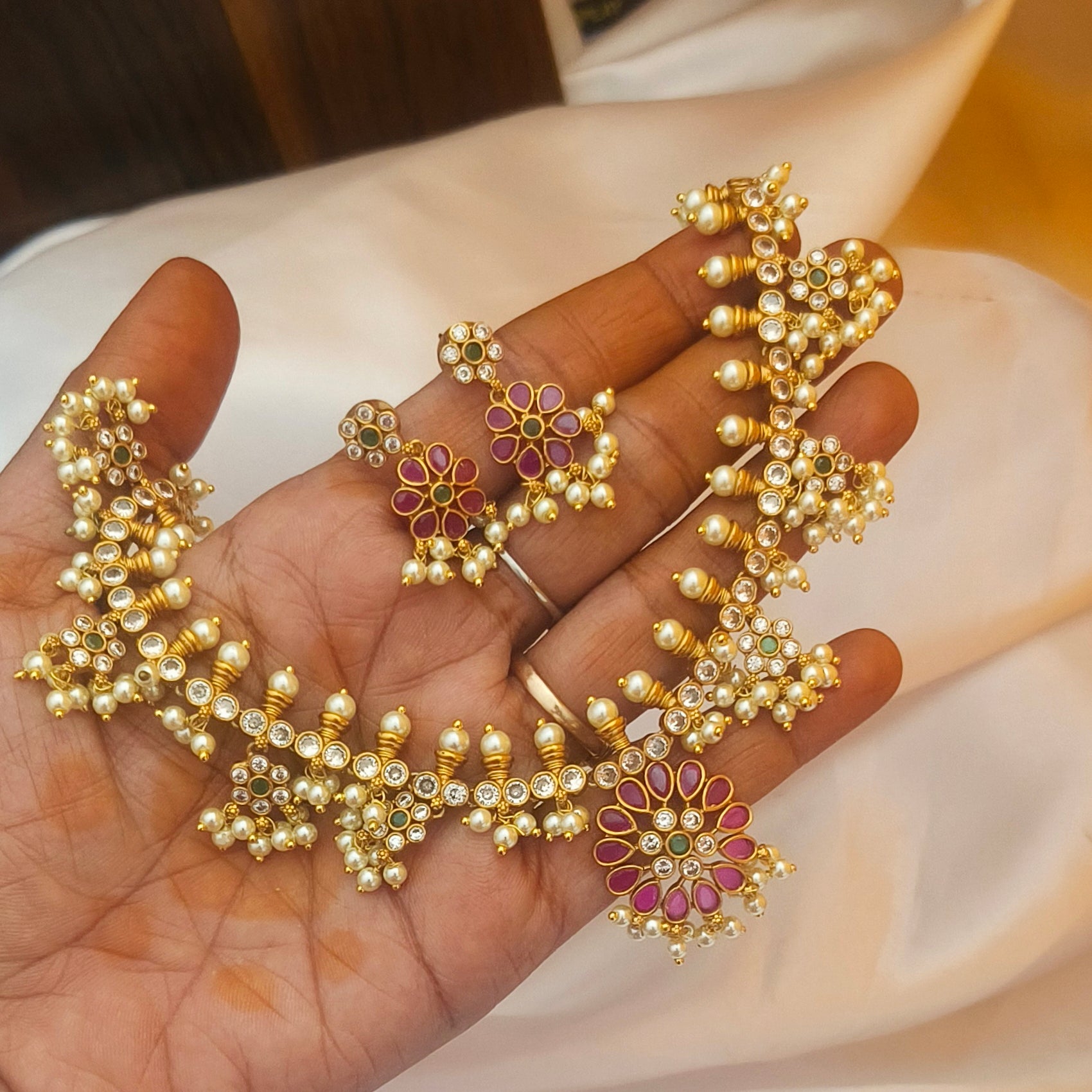 Premium matt finish Pearl & Ruby Floral Necklace N- 41030