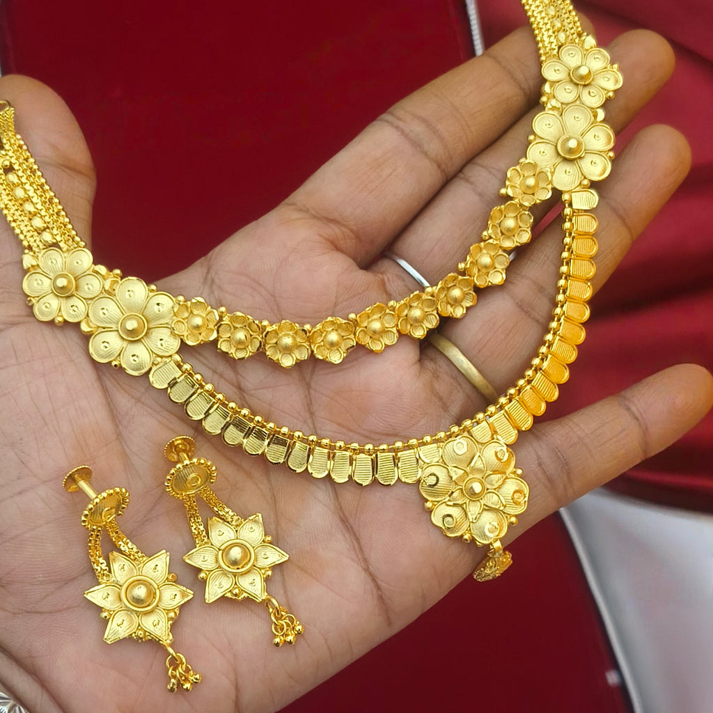 1-Gram Gold-Forming Dual-Layer Floral Necklace Set N - 41032