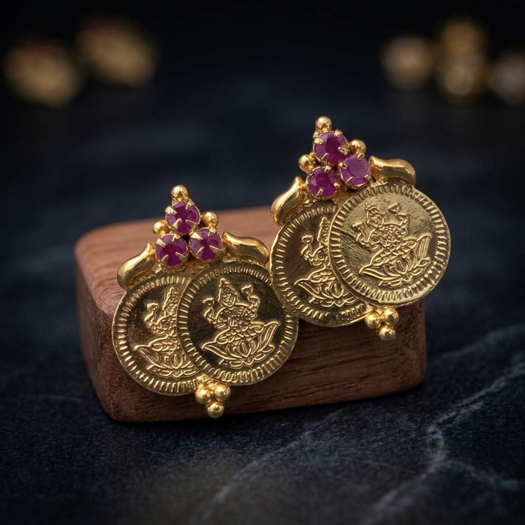 Traditional Divine Lakshmi Coin Stud Earrings with Ruby Accent E- 31045