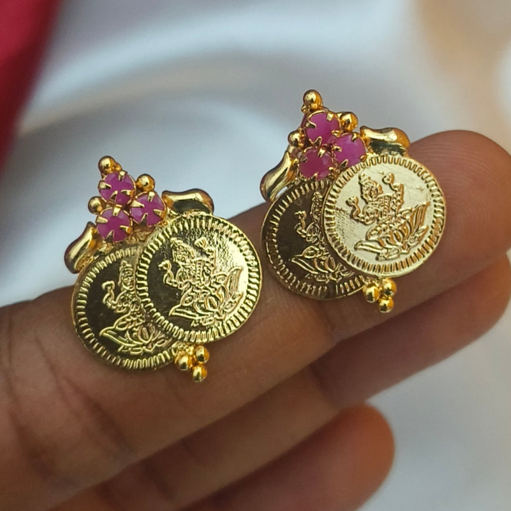 Traditional Divine Lakshmi Coin Stud Earrings with Ruby Accent E- 31045