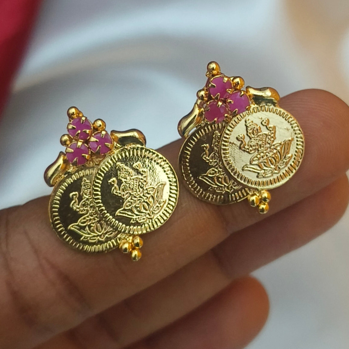 Traditional Divine Lakshmi Coin Stud Earrings with Ruby Accent E- 31045