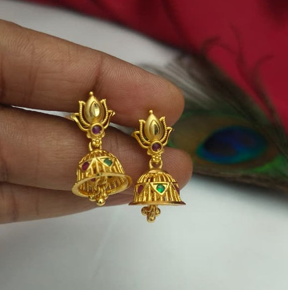 Traditional Gold-Tone Lotus Earrings with Ruby Accents - EC-1017