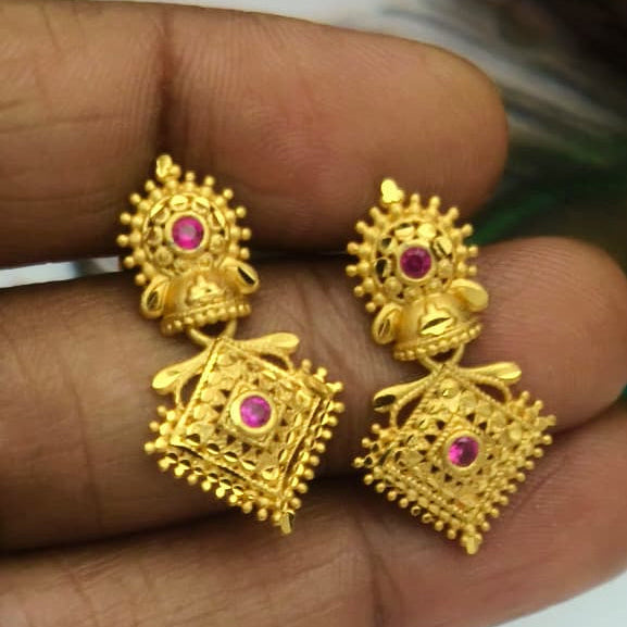 Traditional Gold-Tone Temple Earrings with Ruby Accents - EC-1018
