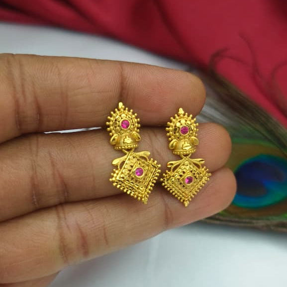 Traditional Gold-Tone Temple Earrings with Ruby Accents - EC-1018