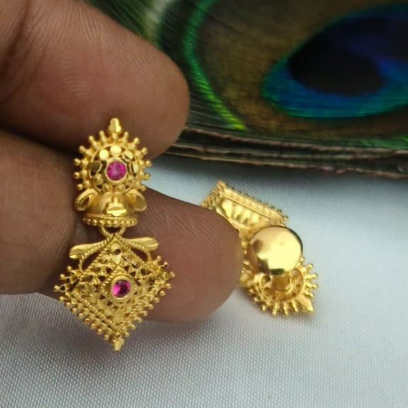 Traditional Gold-Tone Temple Earrings with Ruby Accents - EC-1018
