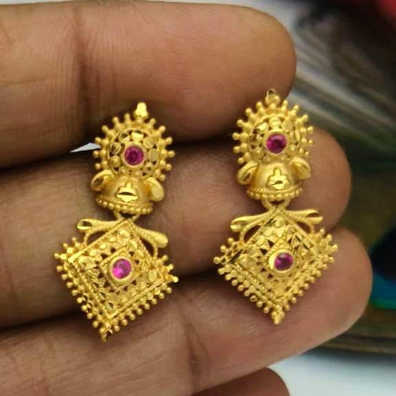 Traditional Gold-Tone Temple Earrings with Ruby Accents - EC-1018